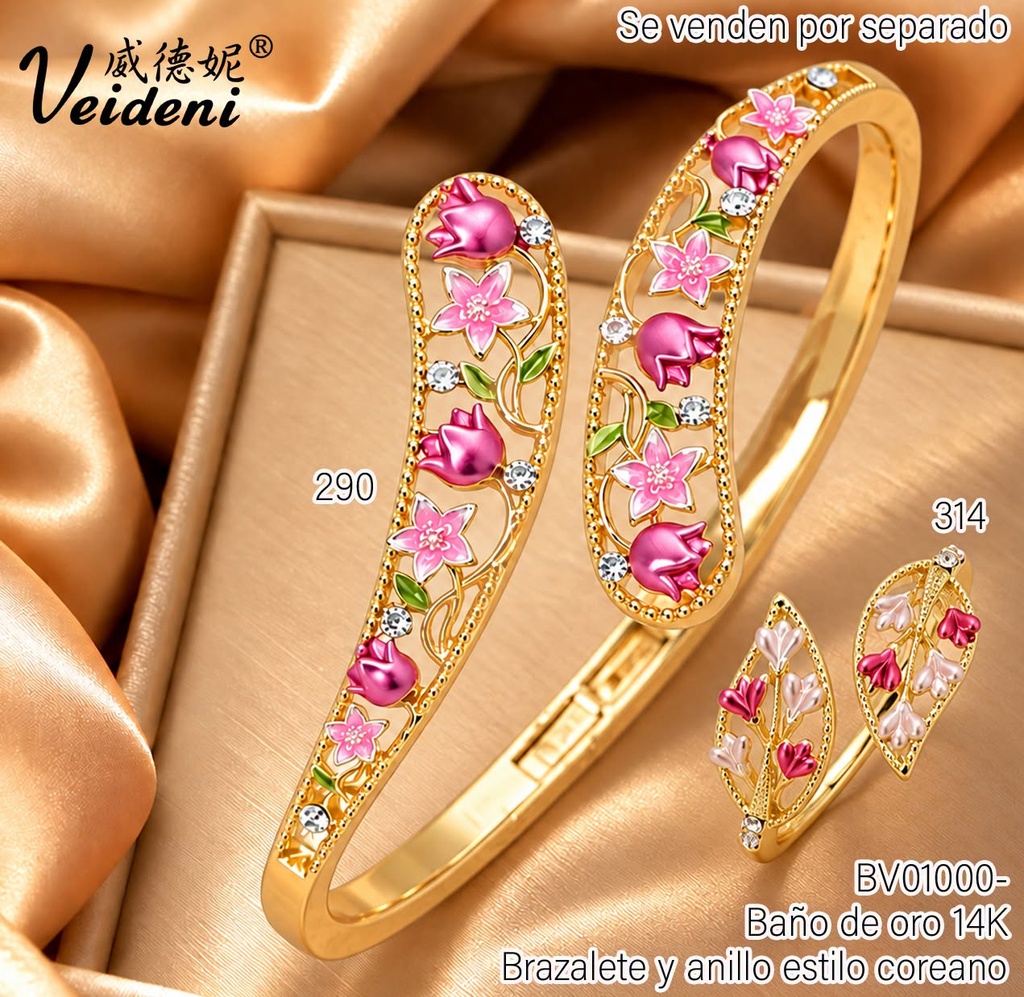 BRAZALETE BAÑO DE ORO 14K. EXTREMOS OPUESTOS FLORES COL.DSZ-140 (2VEI1211026)