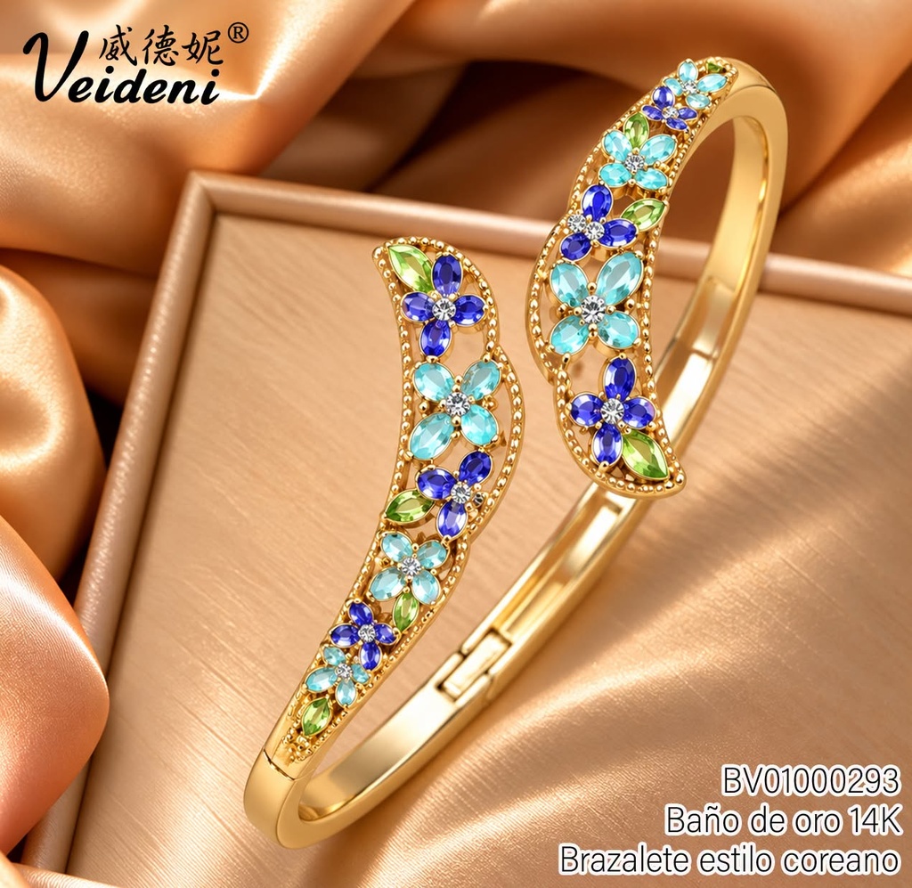 BRAZALETE BAÑO DE ORO 14K. EXTREMOS OPUESTOS FLORES COL.DSZ-134 (2VEI1211026)