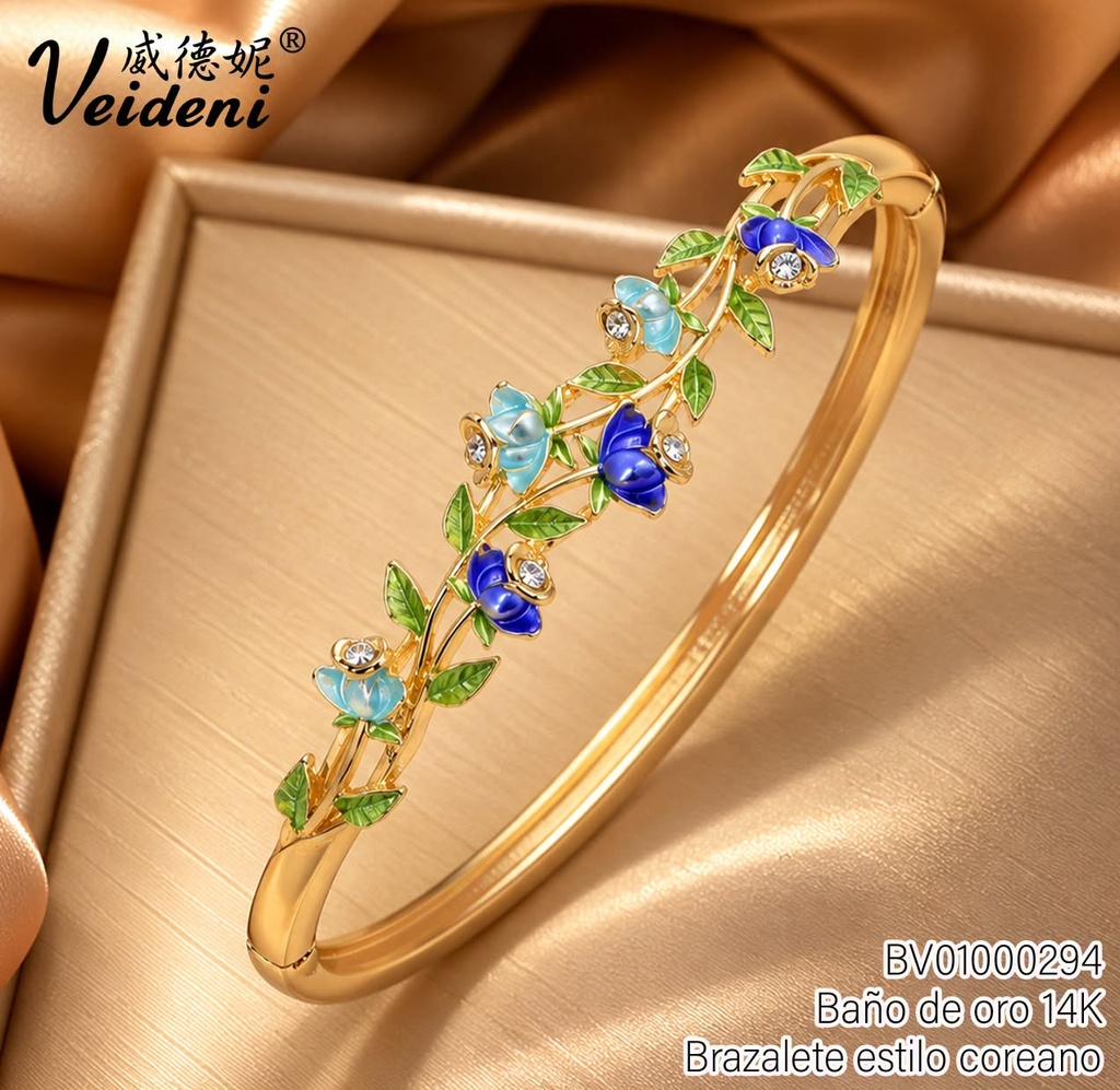 BRAZALETE BAÑO DE ORO 14K. ROSAS CELESTES-AZUL COL.DSZ-034 (2VEI1211026)