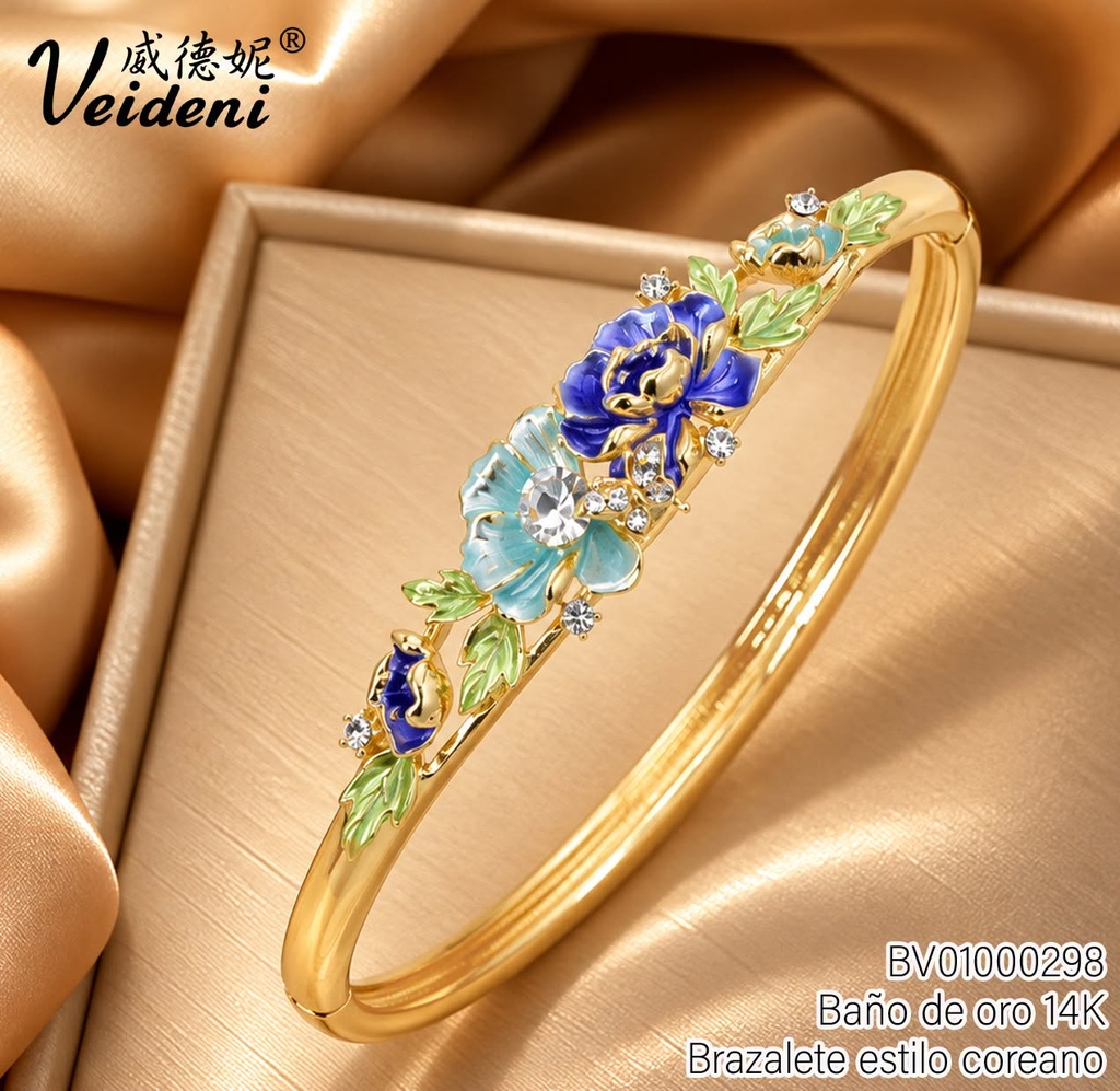 BRAZALETE BAÑO DE ORO 14K. FLOR/RAMITAS ZIRC. COL.DSZ-136 (2VEI1211026)
