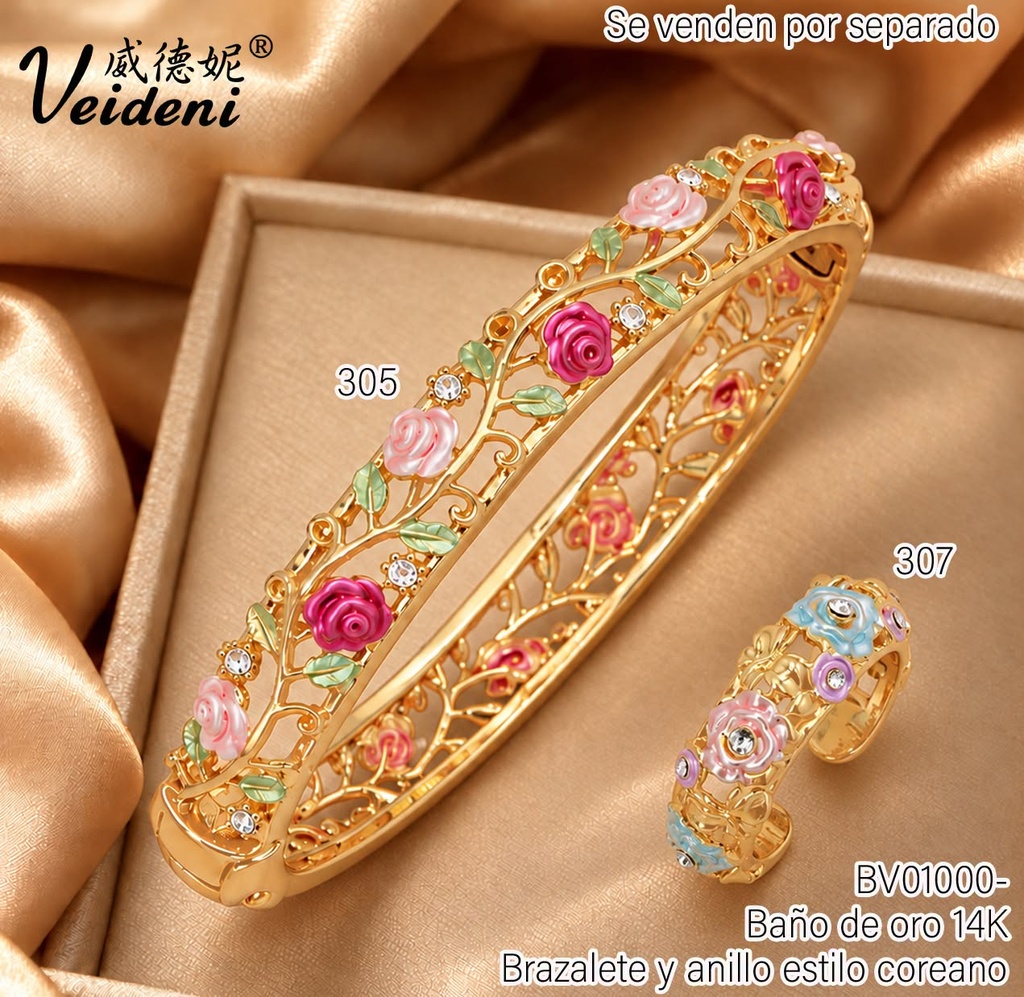 BRAZALETE BAÑO DE ORO 14K.FLORES ROSADAS-FUCSIAS DSZ-092 (2VEI1211026)