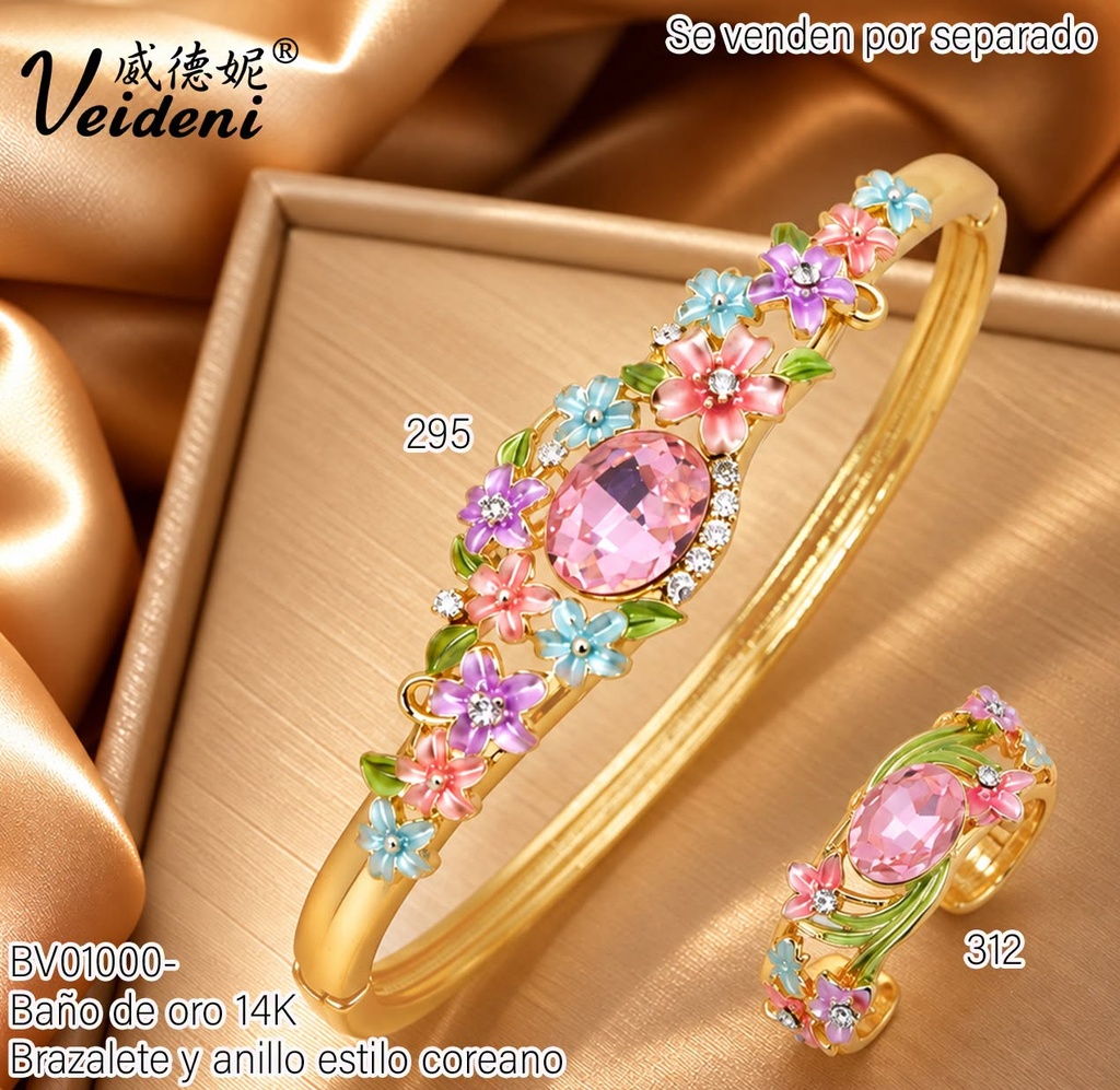ANILLO BAÑO DE ORO 14K.ZIRC.OV.ROSADA C/FLORES JZ-129 (2VEI211026)