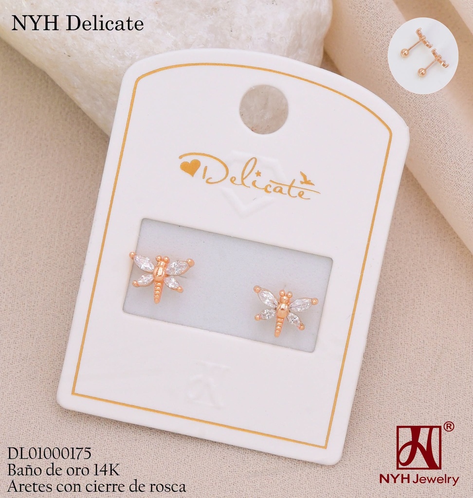 ARETES ROSCAS BAÑO DE ORO 14K.LIBELULA ZIRC. SH5440A (DEL211026)