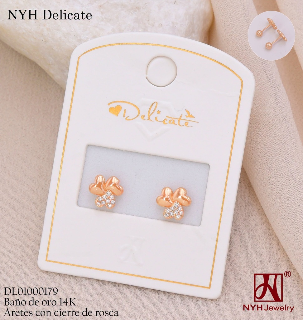 ARETES ROSCAS BAÑO DE ORO 14K.TRIO CORAZONES WD5603C (DEL211026)
