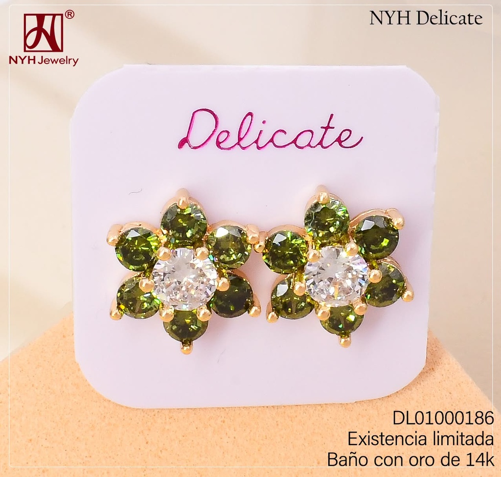 ARETES BAÑO DE ORO 14K.FLOR PET.ZIRC.VERDES 502S0CPEEK (DEL211026)