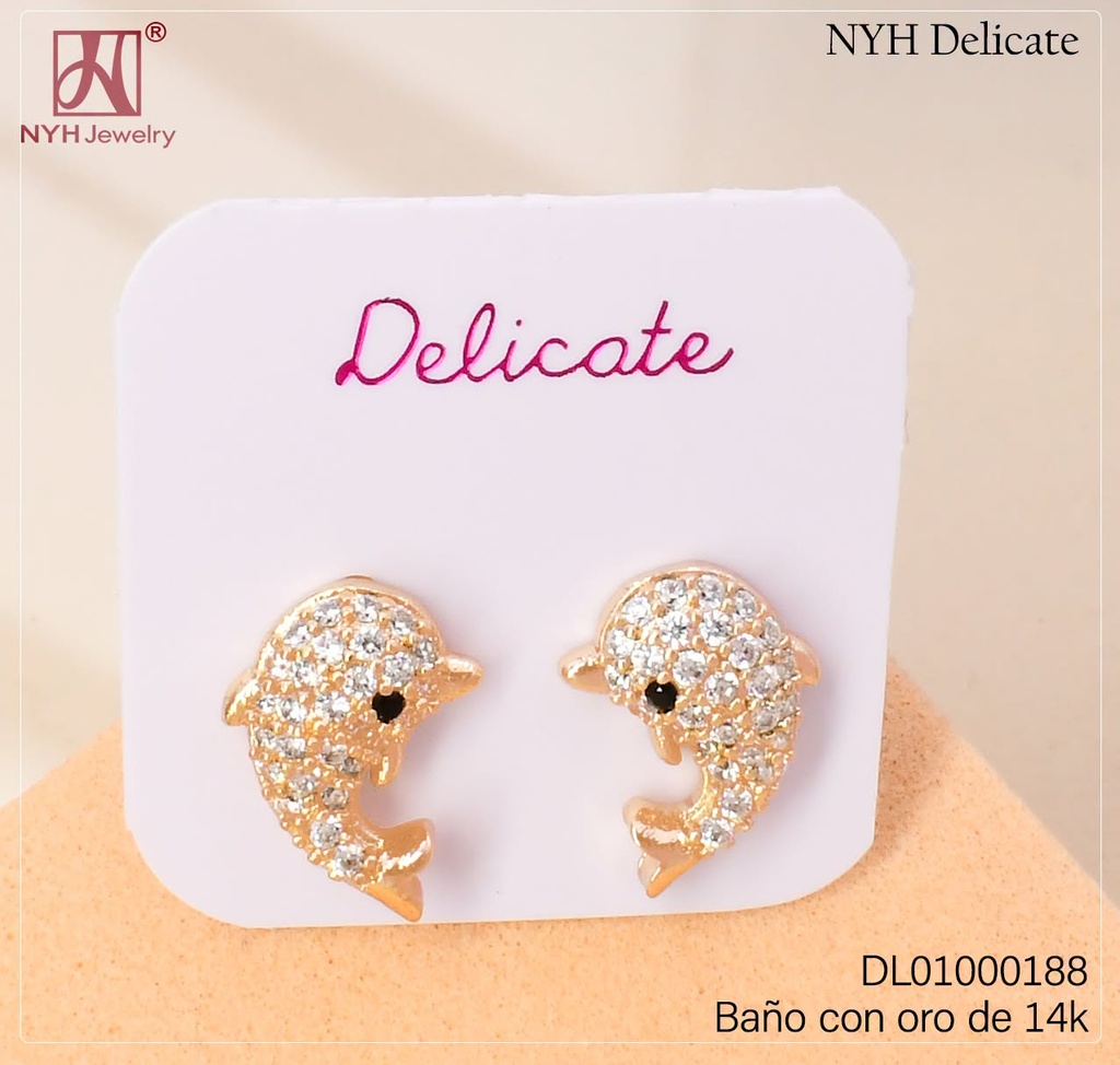ARETES BAÑO DE ORO 14K.DELFIN ZIRC. KY1355B (DEL211026)