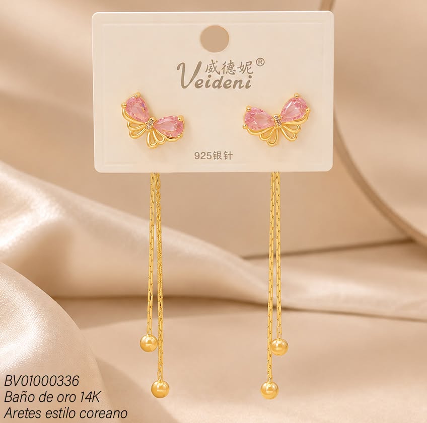 ARETES LARGOS BAÑO DE ORO 14K.LAZO ZIRC.ROSADA EH-3546 (VEI080926)