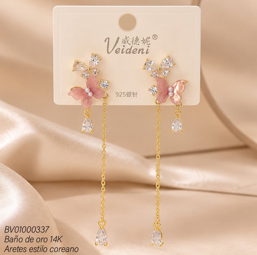 ARETES LARGOS BAÑO DE ORO 14K.2 MARIPOSAS ROSADAS-ZIRC MMEH-0311 (VEI080926)