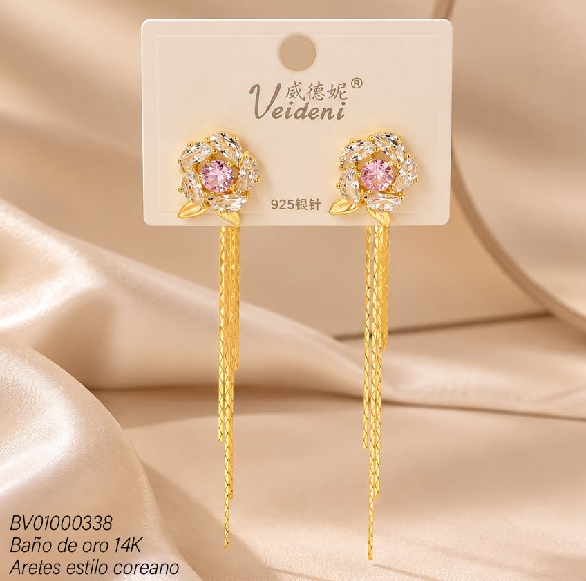 ARETES LARGOS BAÑO DE ORO 14K.ROSA ZIRC.ROSADA EH-1608 (VEI080926)