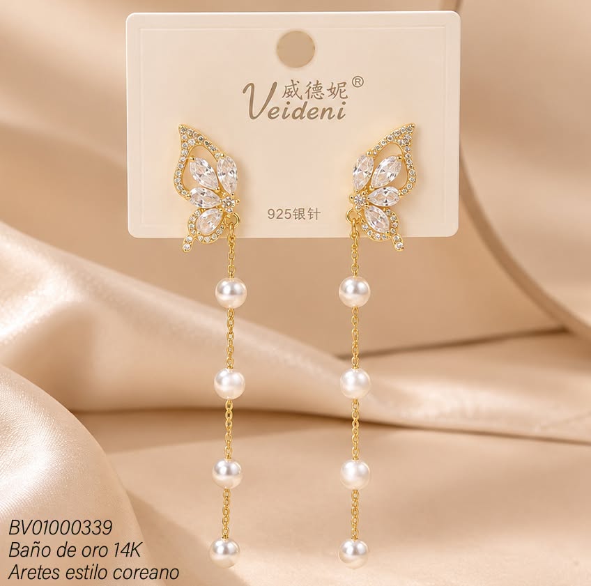 ARETES LARGOS BAÑO DE ORO 14K.VISTA LATERAL MARIPOSA C/PERLAS MMEH-0596 (VEI080926)