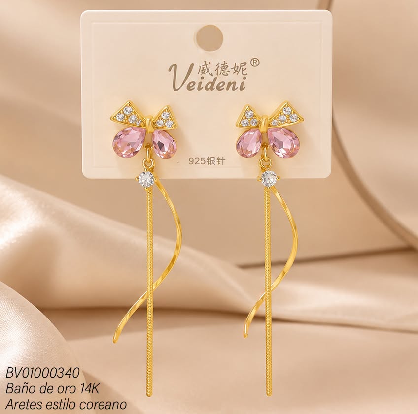 ARETES LARGOS BAÑO DE ORO 14K.LAZO ZIRC.ROSADA EH4424 (VEI080926)