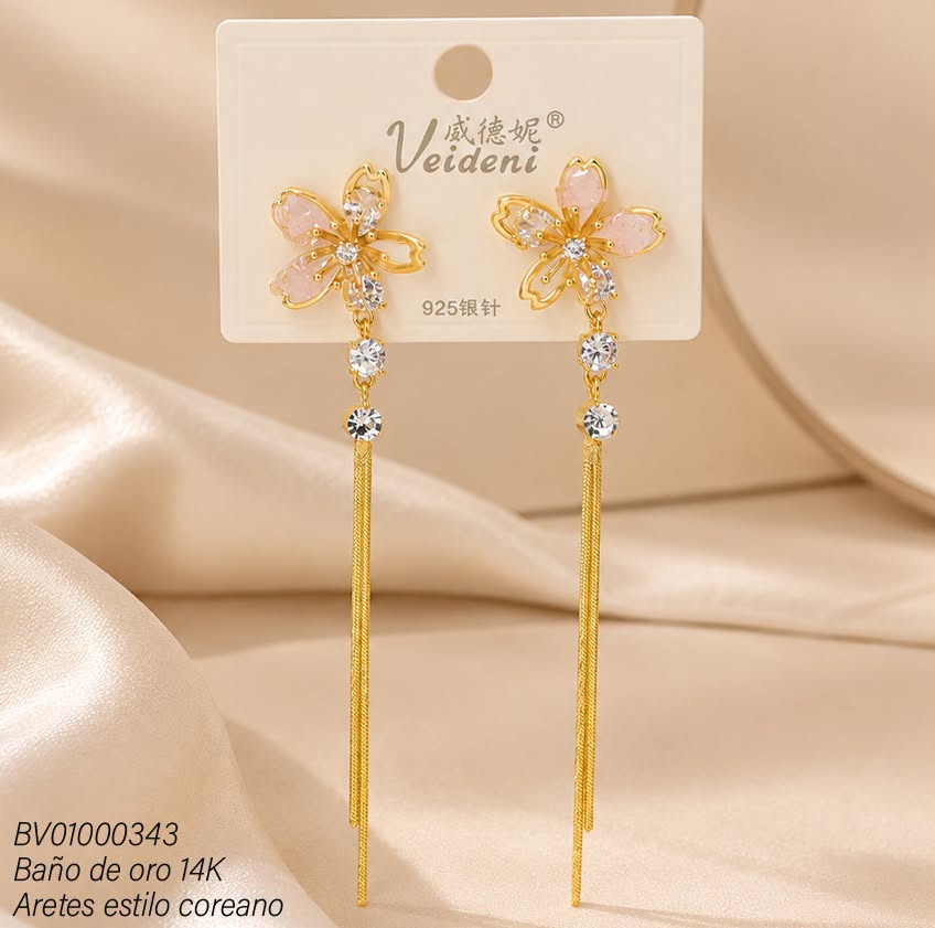 ARETES LARGOS BAÑO DE ORO 14K.FLOR GR.AMBAR EH-1609 (VEI080926)