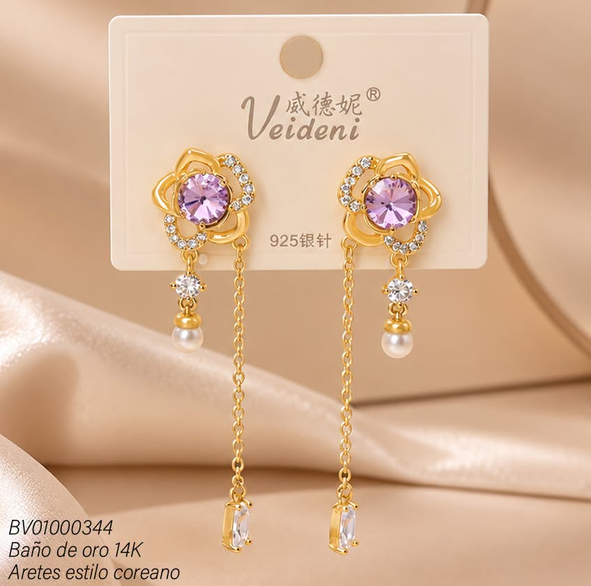 ARETES LARGOS BAÑO DE ORO 14K.FLOR C/ZIRC.LILA EH-4211 (VEI080926)