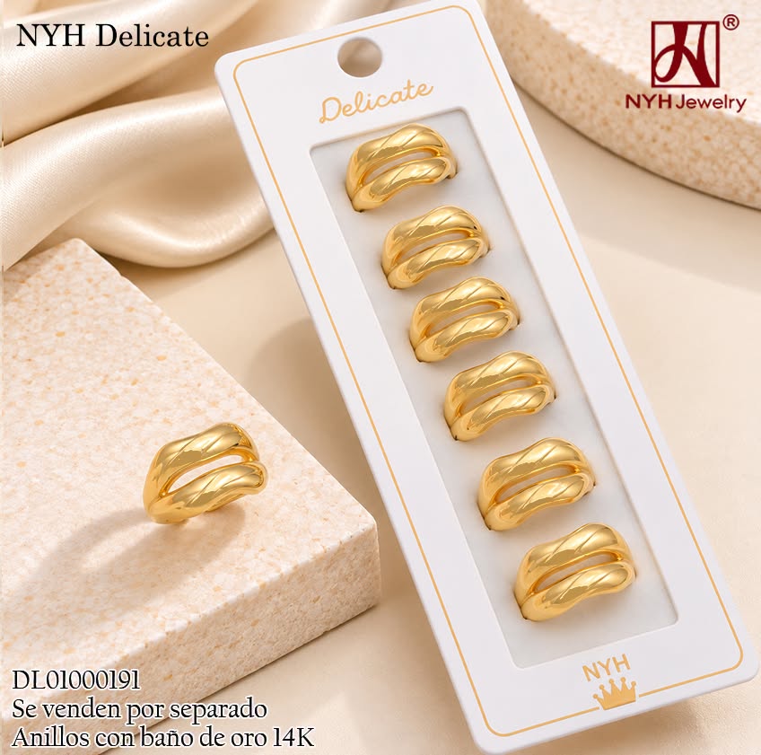 ANILLO BAÑO DE ORO 14K.  2 LINEAS HORIZ. CURVAS HT1048A (DEL211026)