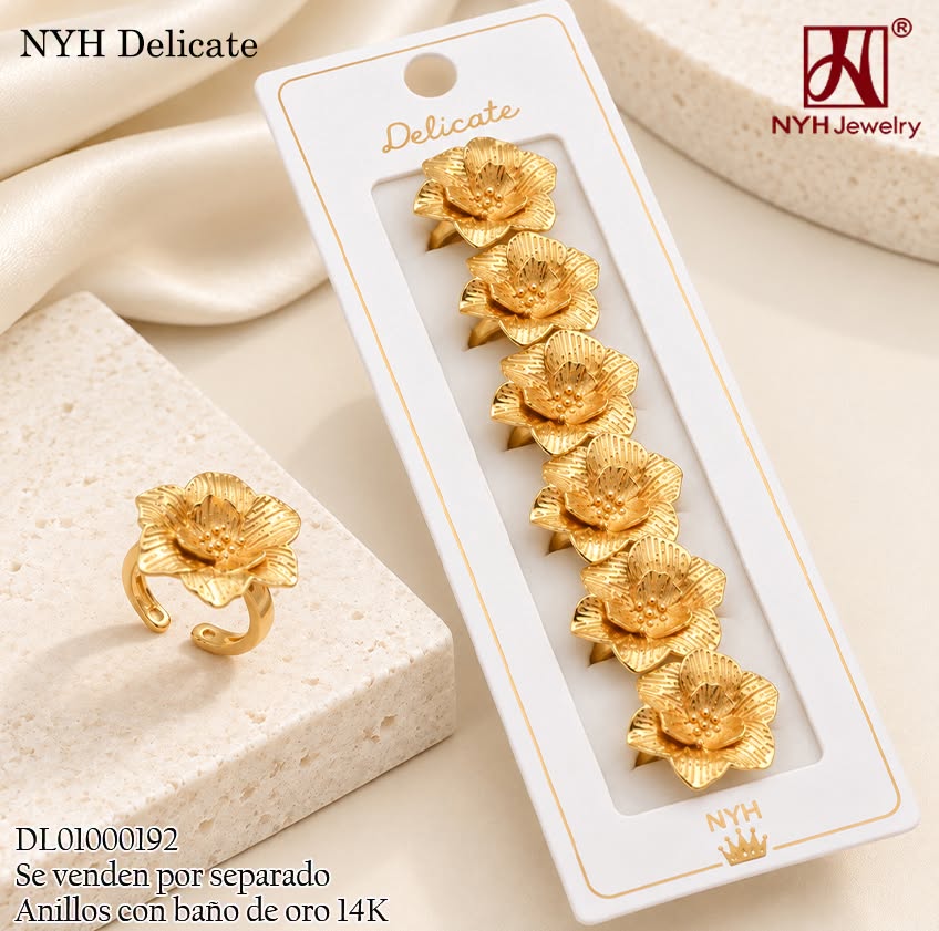 ANILLO BAÑO DE ORO 14K.  AJUSTABLE FLOR RAYADA HT1351A (DEL211026)