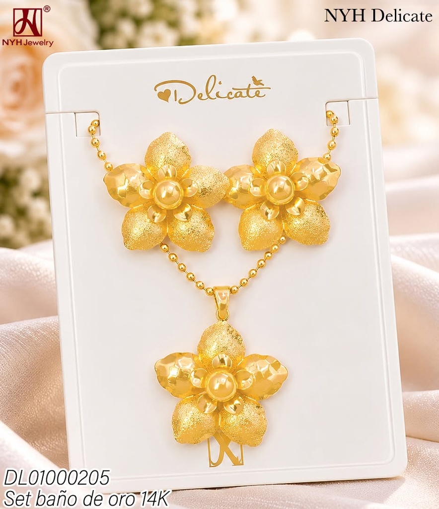 SET BAÑO DE ORO 14K. PELOTITAS/FLOR PETALOS LISOS & TEXT. XJST171A (DEL211026)