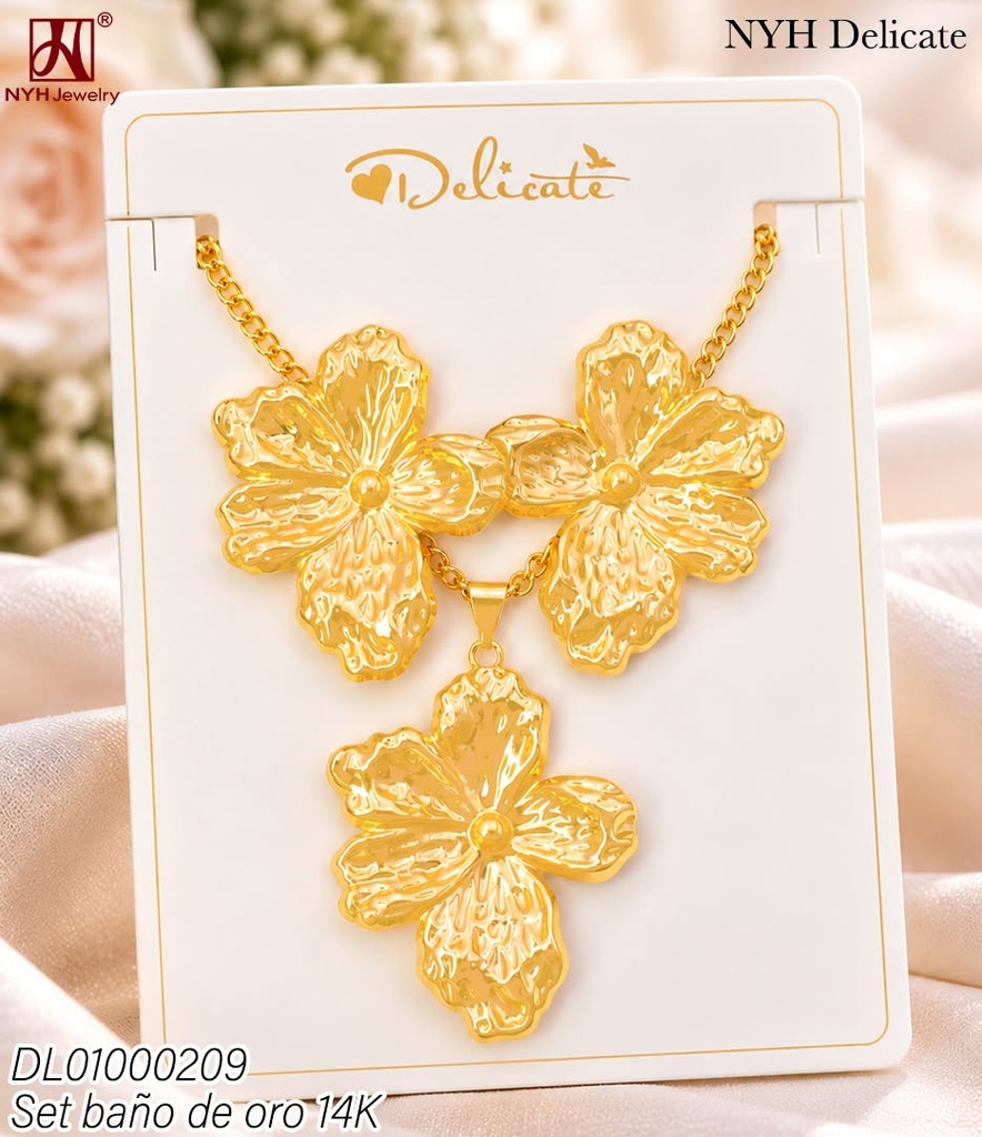 SET BAÑO DE ORO 14K. FLOR TEXTURA RUGOSA YF375A (DEL211026)