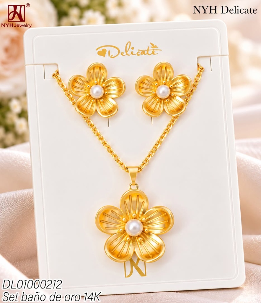 SET BAÑO DE ORO 14K. FLOR RAYADA/PERLA CENTRO WD4887A (DEL211026)
