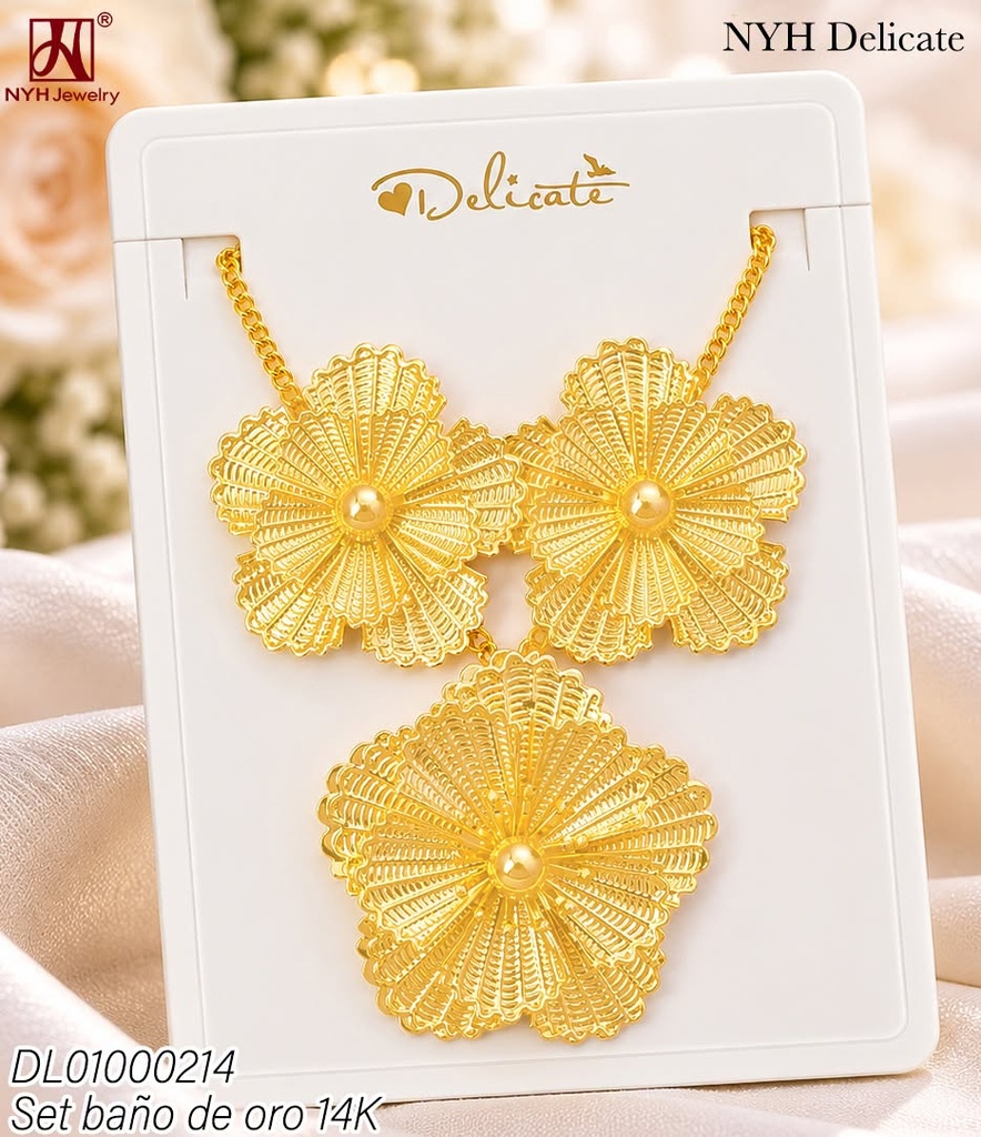 SET BAÑO DE ORO 14K. FLOR RAYADA/PELOTITA CENTRO QM95A (DEL211026)