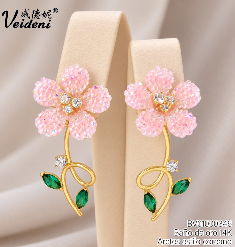ARETES BAÑO DE ORO 14K.FLOR 5 PETALOS CRISTALES ROSAS TALLO C/HOJAS  EH-4573 (2VEI211026)
