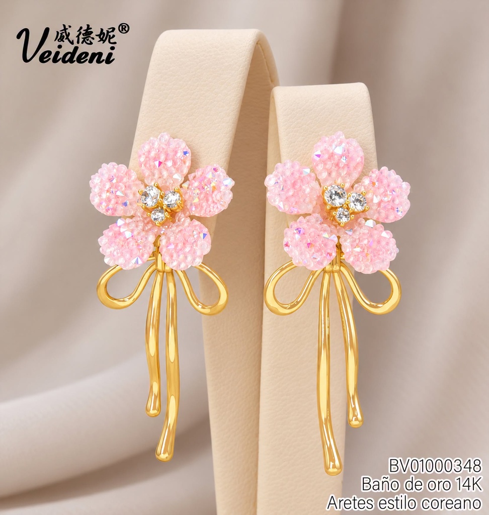 ARETES BAÑO DE ORO 14K.FLOR 5 PETALOS CRISTALES ROSADOS C/LAZO  EH-4643 (2VEI211026)
