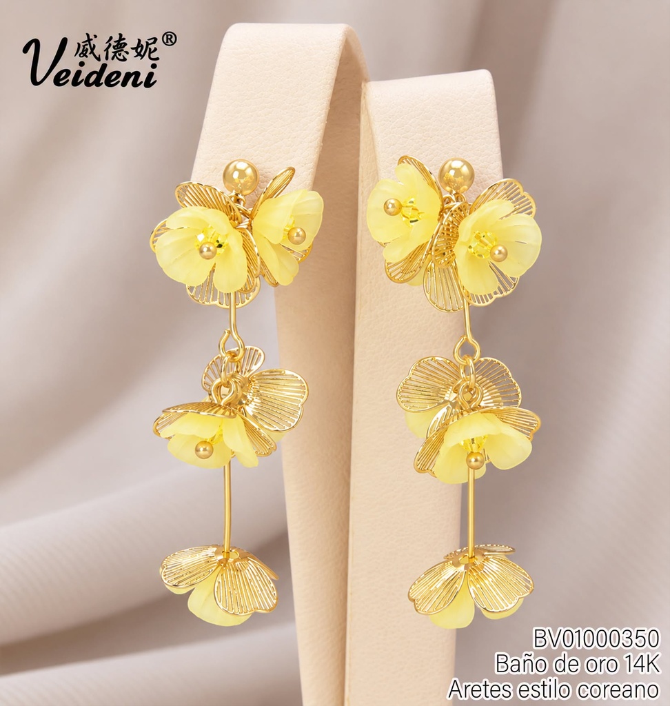 ARETES BAÑO DE ORO 14K.RACIMO FLORES AMARILLAS MMEH-0573 (2VEI211026)