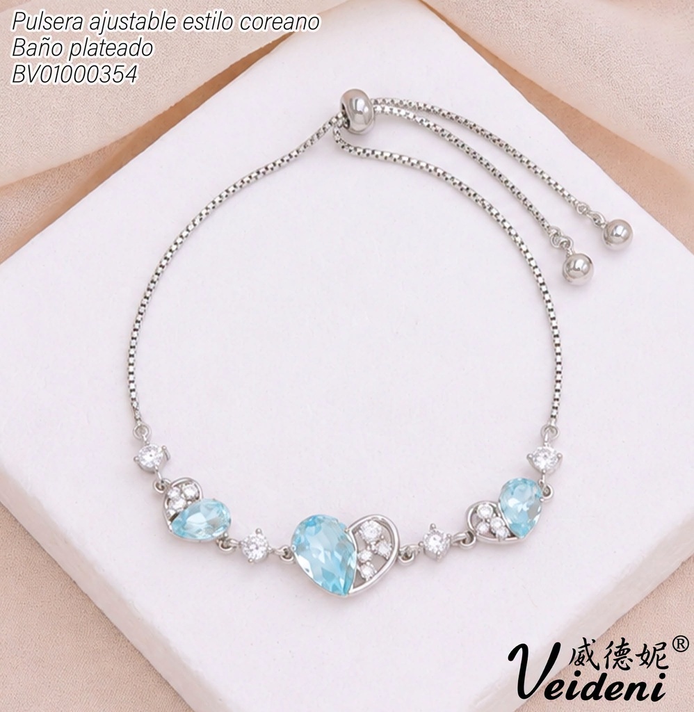 PULSERA AJUSTABLE BAÑO PLATEADO CORAZON CELESTE SL-0513 (2VEI211026)
