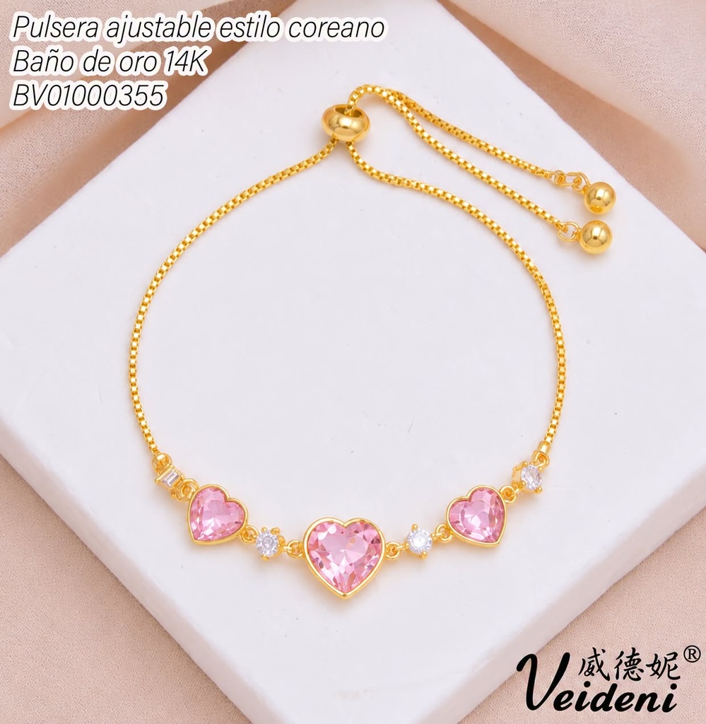 PULSERA AJUSTABLE BAÑO 14K. 3 CORAZONES ZIRC.COL.SL-0549 (2VEI211026)