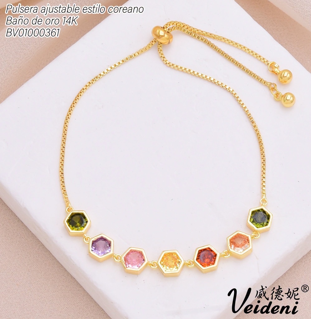 PULSERA AJUSTABLE BAÑO 14K.6 ZIRC.HEXAGONOS COL.SL-0663 (2VEI211026)