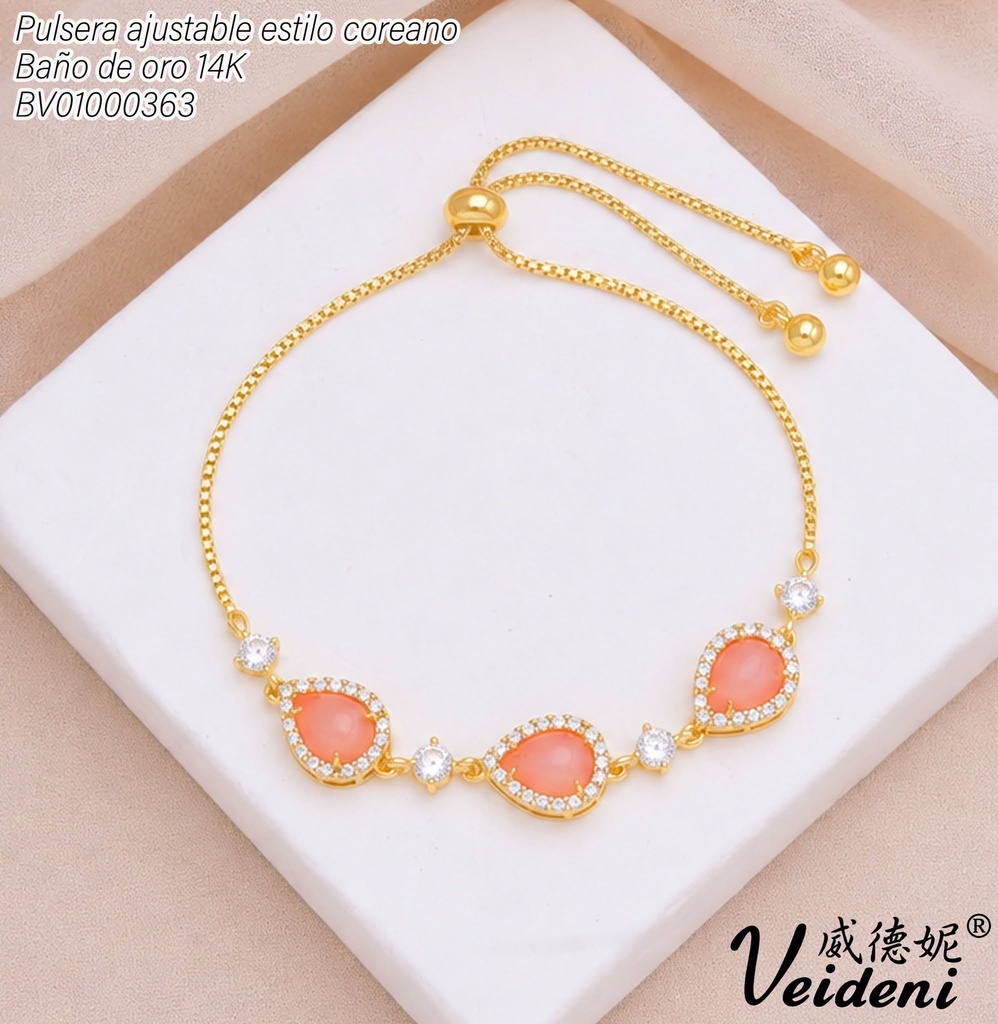 PULSERA AJUSTABLE BAÑO 14K.3 GOTAS ROSADAS SL-0664 (2VEI211026)