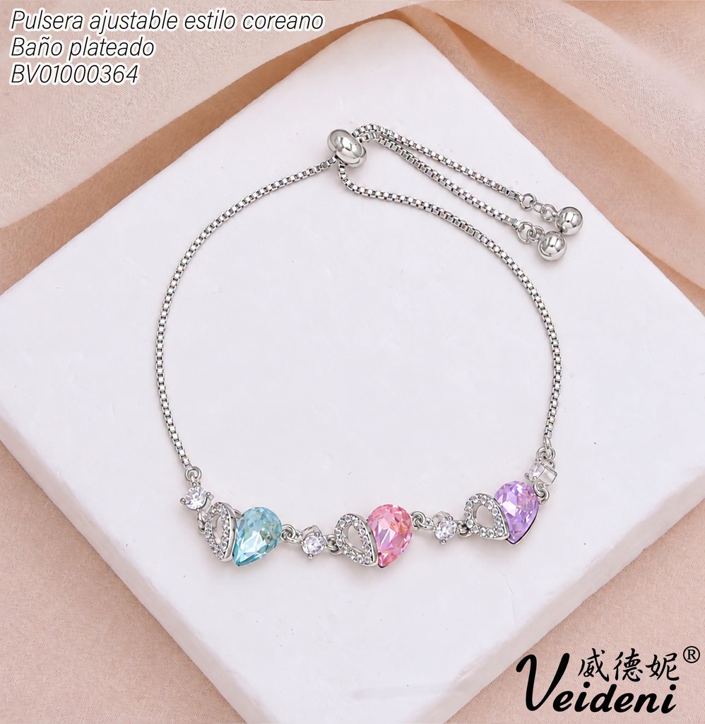 PULSERA AJUSTABLE BAÑO PLATEADO 3 CORAZONES ZIRC.COL. SL-0558 (2VEI211026)