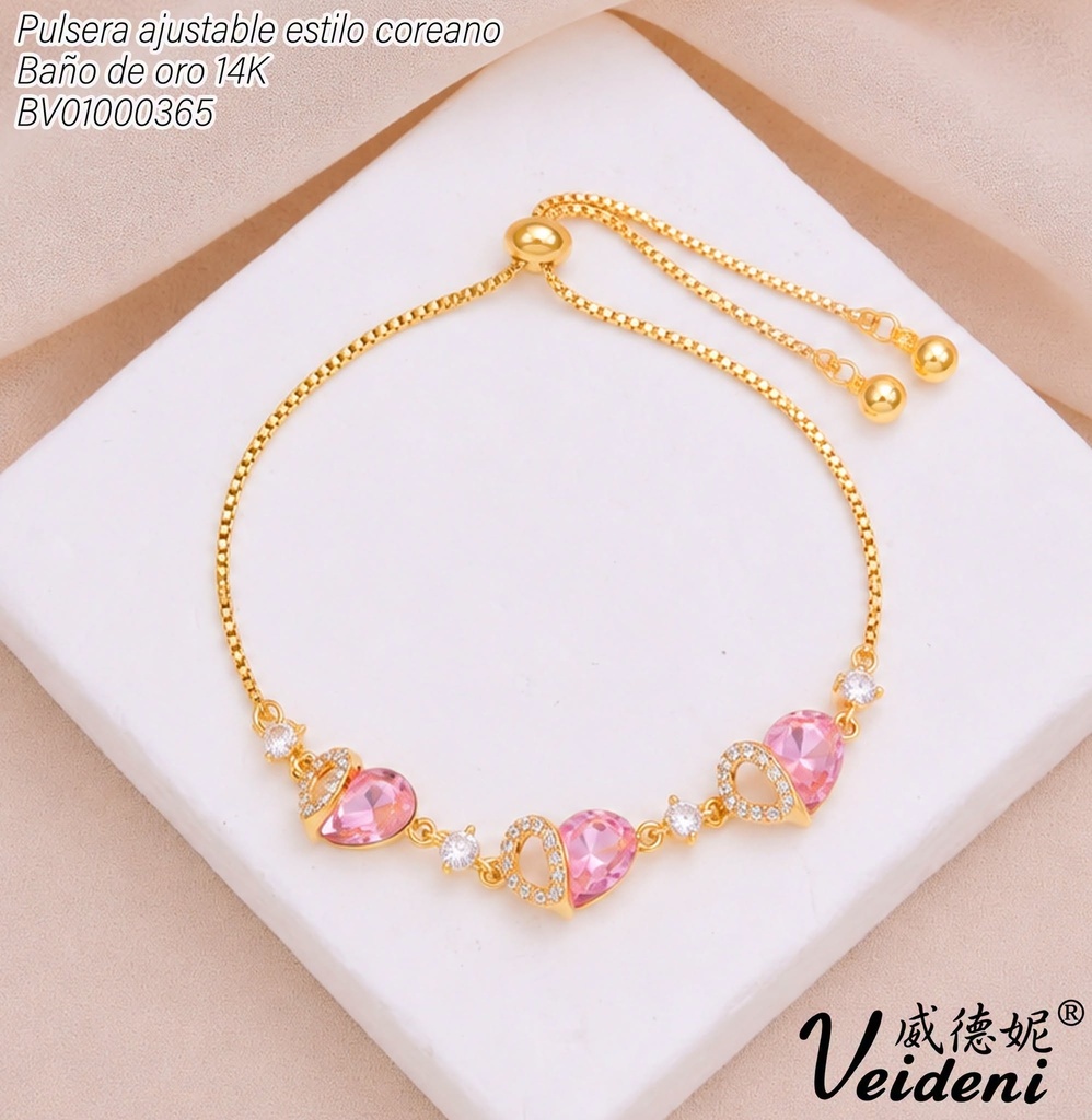 PULSERA AJUSTABLE BAÑO DE ORO 14K.3 CORAZONES ZIRC. SL0558 (VEI211026)