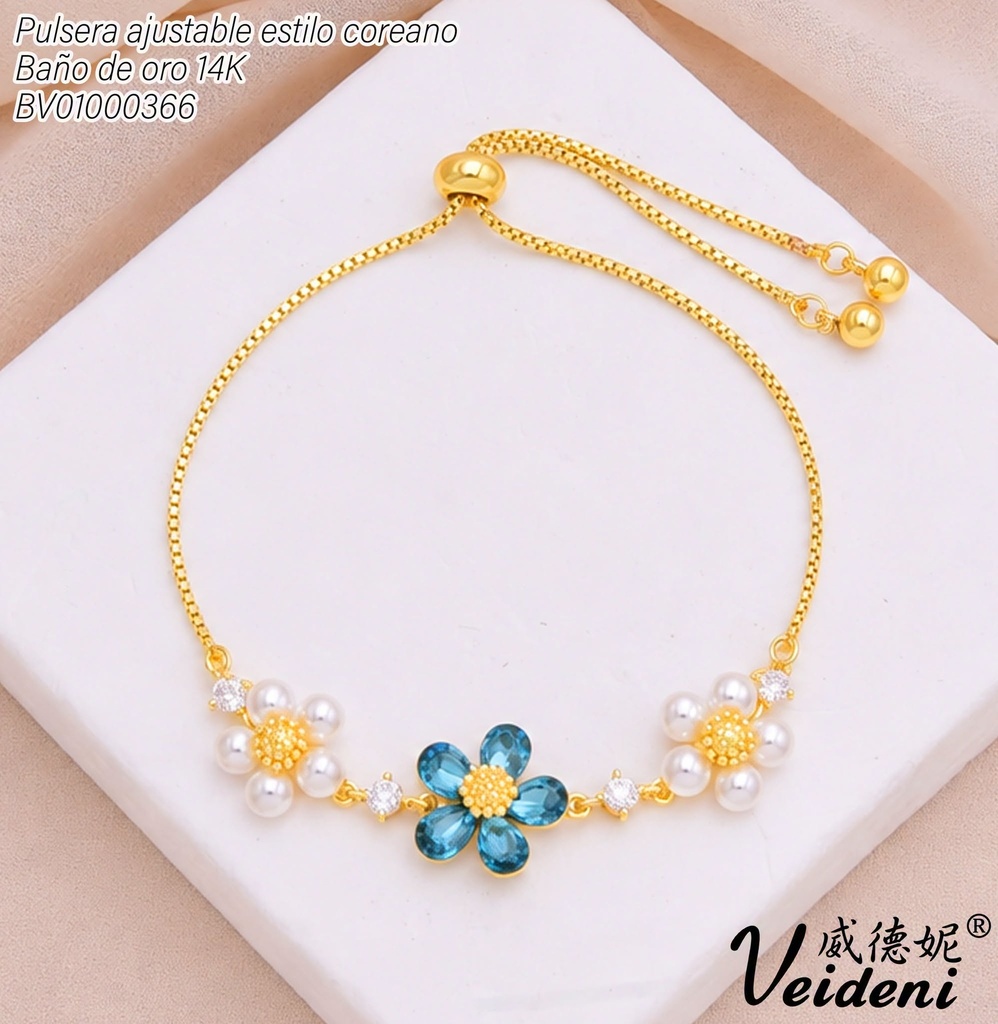 PULSERA AJUSTABLE BAÑO DE ORO 14K.3 FLORES ZIRC AZUL-PERLAS SL-0512 (VEI211026)