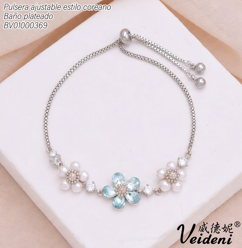 PULSERA AJUSTABLE BAÑO DE ORO 14K.3 FLORES ZIRC CELESTES-PERLAS SL-0512 (VEI211026)