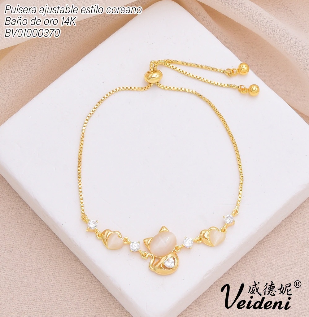 PULSERA AJUSTABLE BAÑO DE ORO 14K.GATITO-CORAZONES BEIGE SL-0528 (VEI211026)