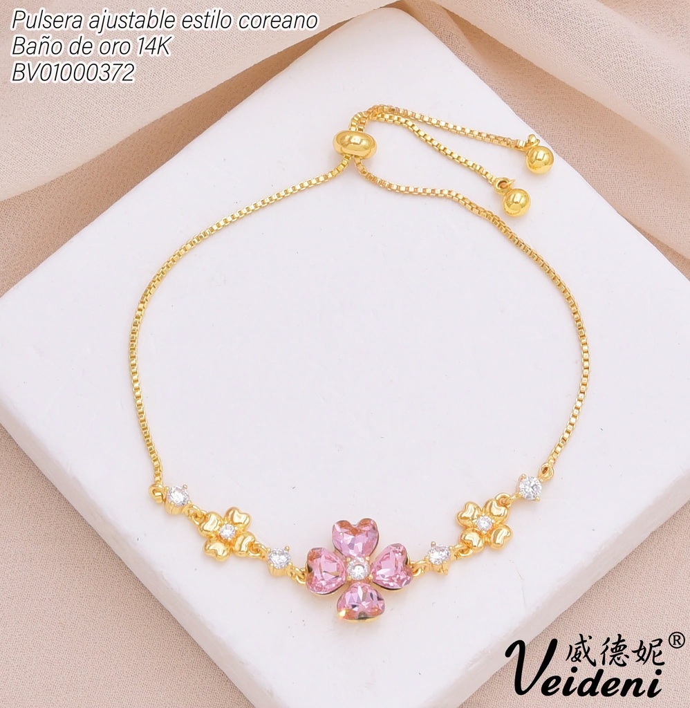 PULSERA AJUSTABLE BAÑO DE ORO 14K.3 FLORES ZIRC ROSADA-DOR. SL-0511 (VEI211026)