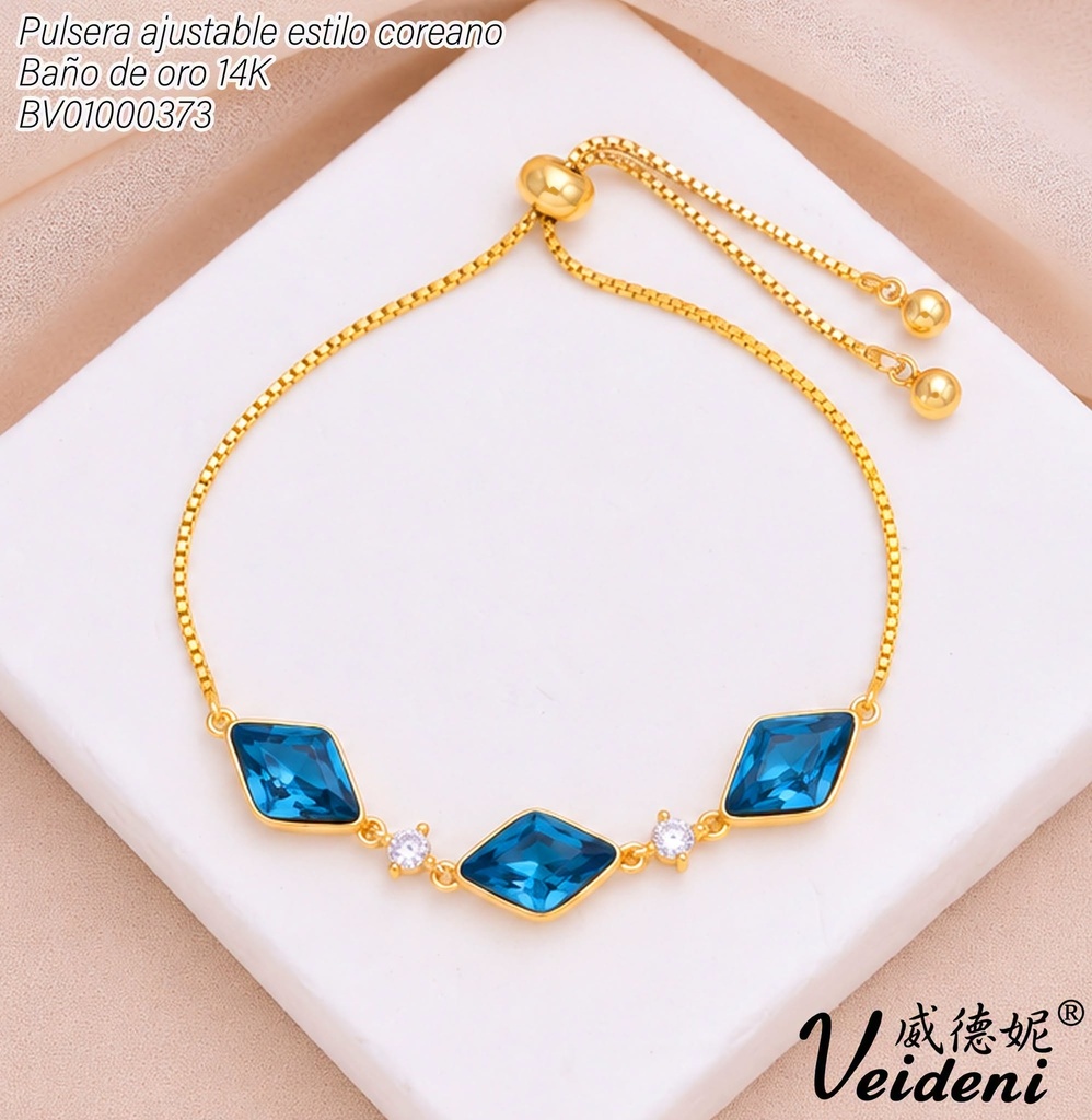 PULSERA AJUSTABLE BAÑO DE ORO 14K.3 ROMBOS ZIRC AZUL SL-0520 (VEI211026)