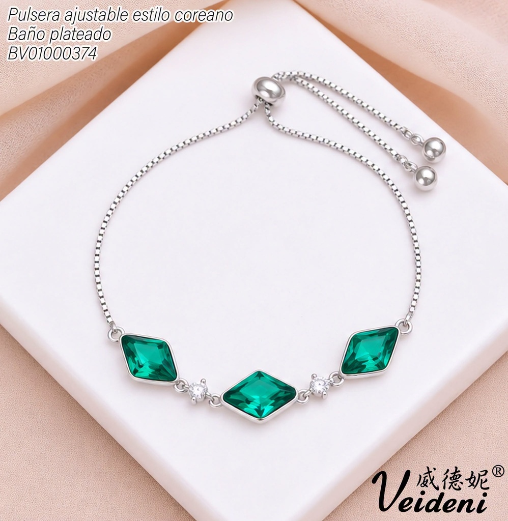 PULSERA AJUSTABLE BAÑO PLATEADO3 ROMBOS ZIRC AZUL SL-0520 (VEI211026)