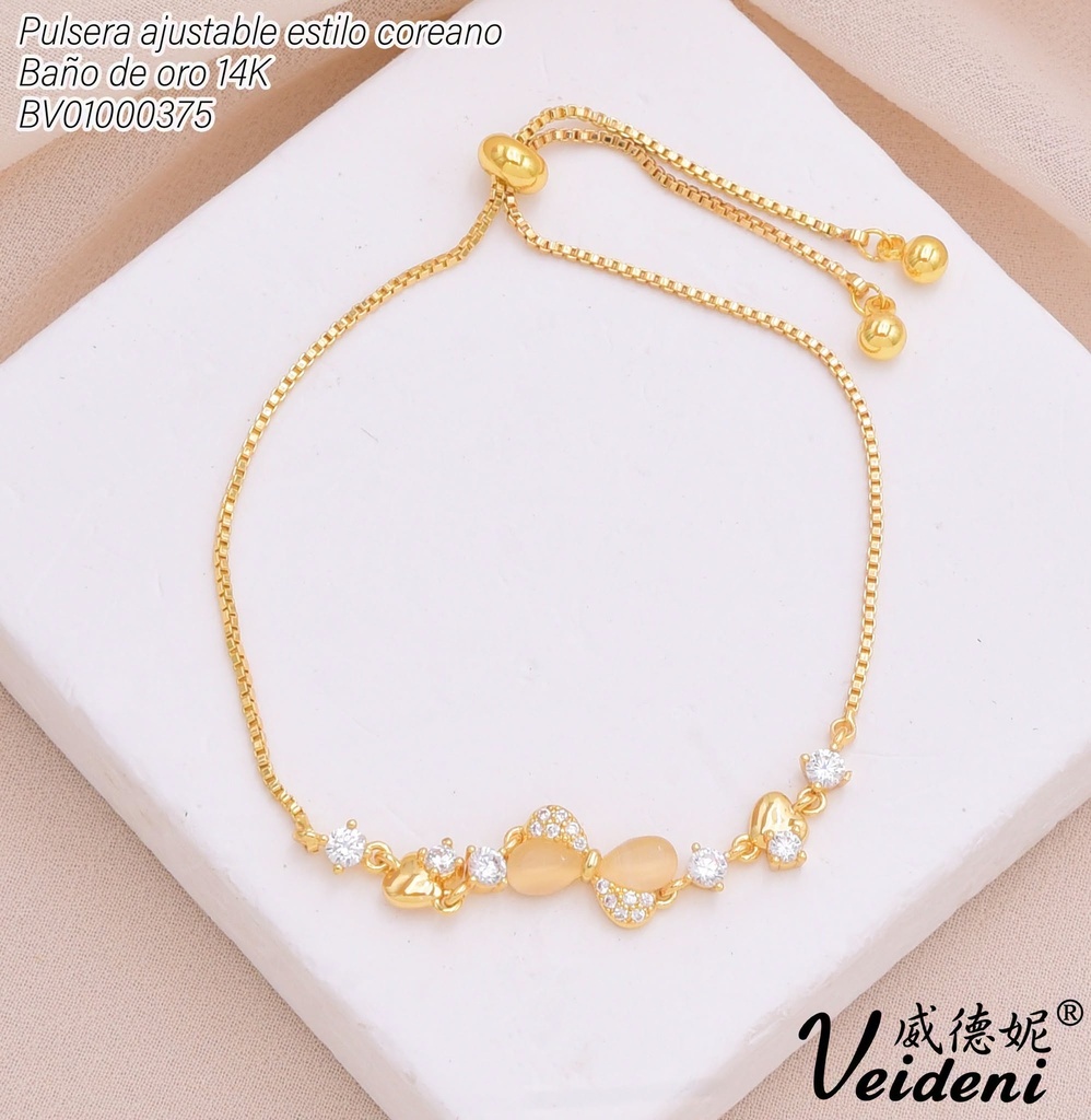 PULSERA AJUSTABLE BAÑO DE ORO LAZOS-CORAZONES BEIGE SL-0554 (VEI211026)
