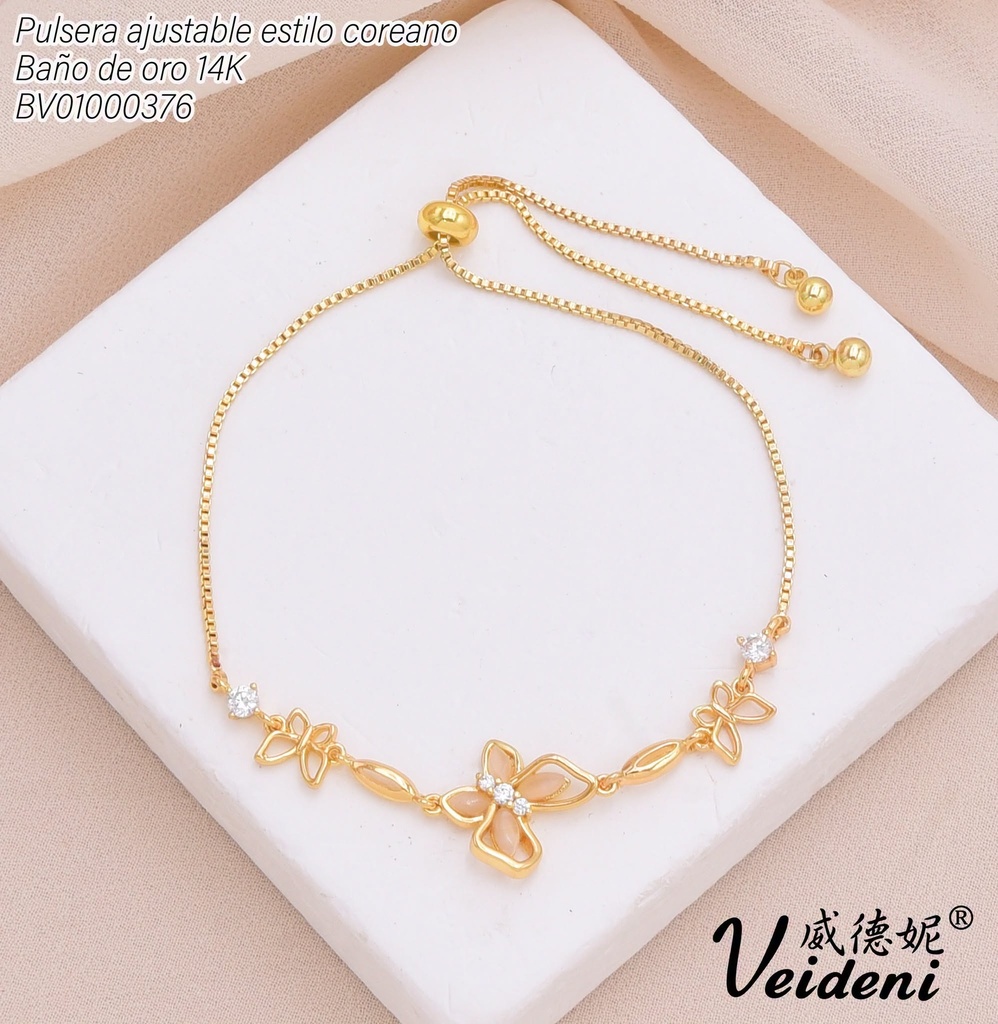 PULSERA AJUSTABLE BAÑO DE ORO 14K.3 MARIPOSAS  SL-0518 (VEI211026)