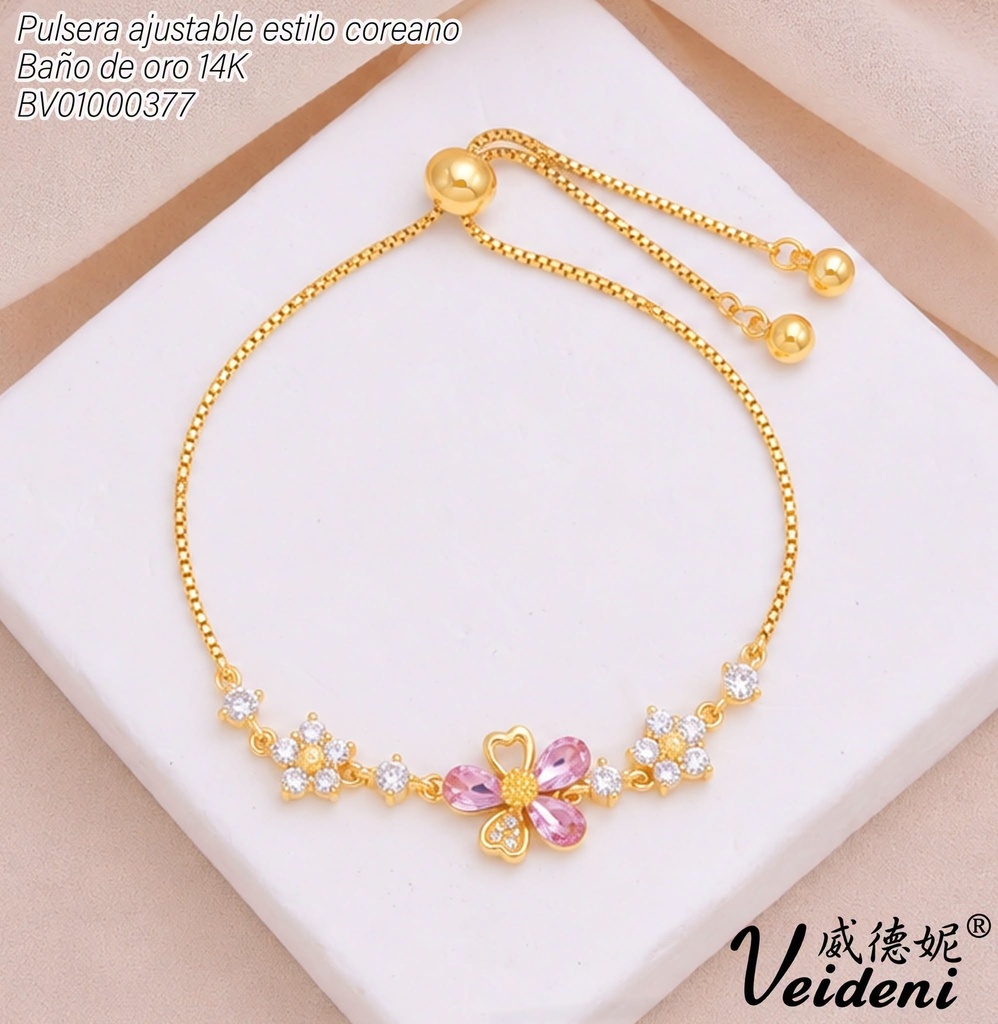PULSERA AJUSTABLE BAÑO DE ORO 14K.3 FLORES ZIRC.ROSADA SL-0516 (VEI211026)