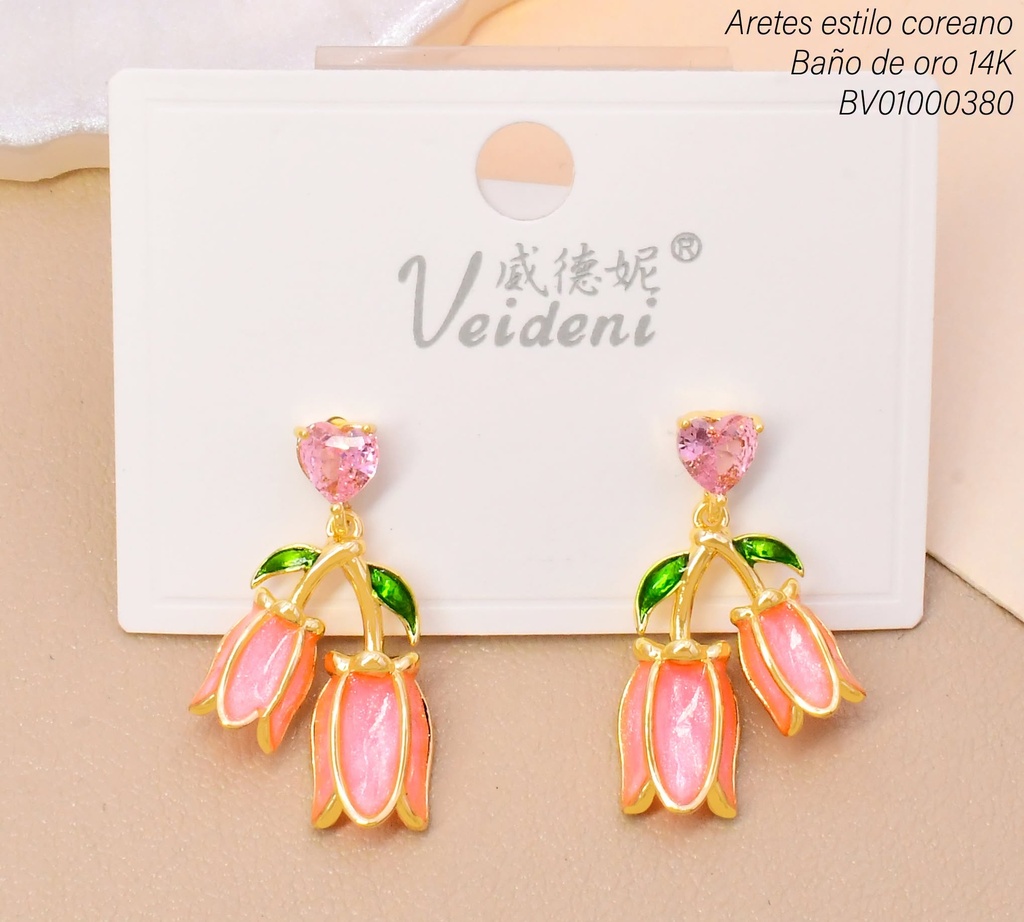 ARETES BAÑO DE ORO 14K.ZIRC/2 TULIPAN ROSA C/TALLO EH-3827 (2VEI211026)