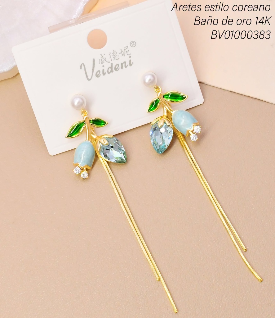ARETES BAÑO DE ORO 14K.TULIPAN CELESTE ZIRC.C/TALLO EH-4620 (2VEI211026)