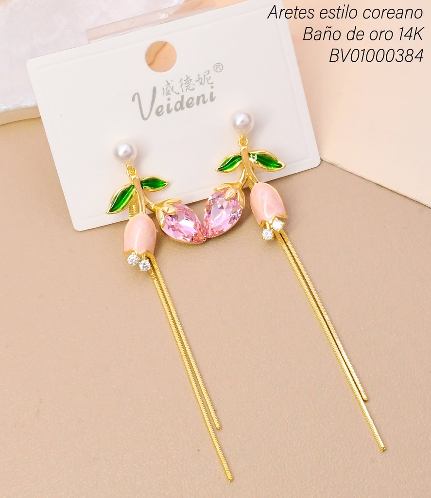 ARETES BAÑO DE ORO 14K.TULIPAN ROSADOS ZIRC.C/TALLO EH-4620 (2VEI211026)