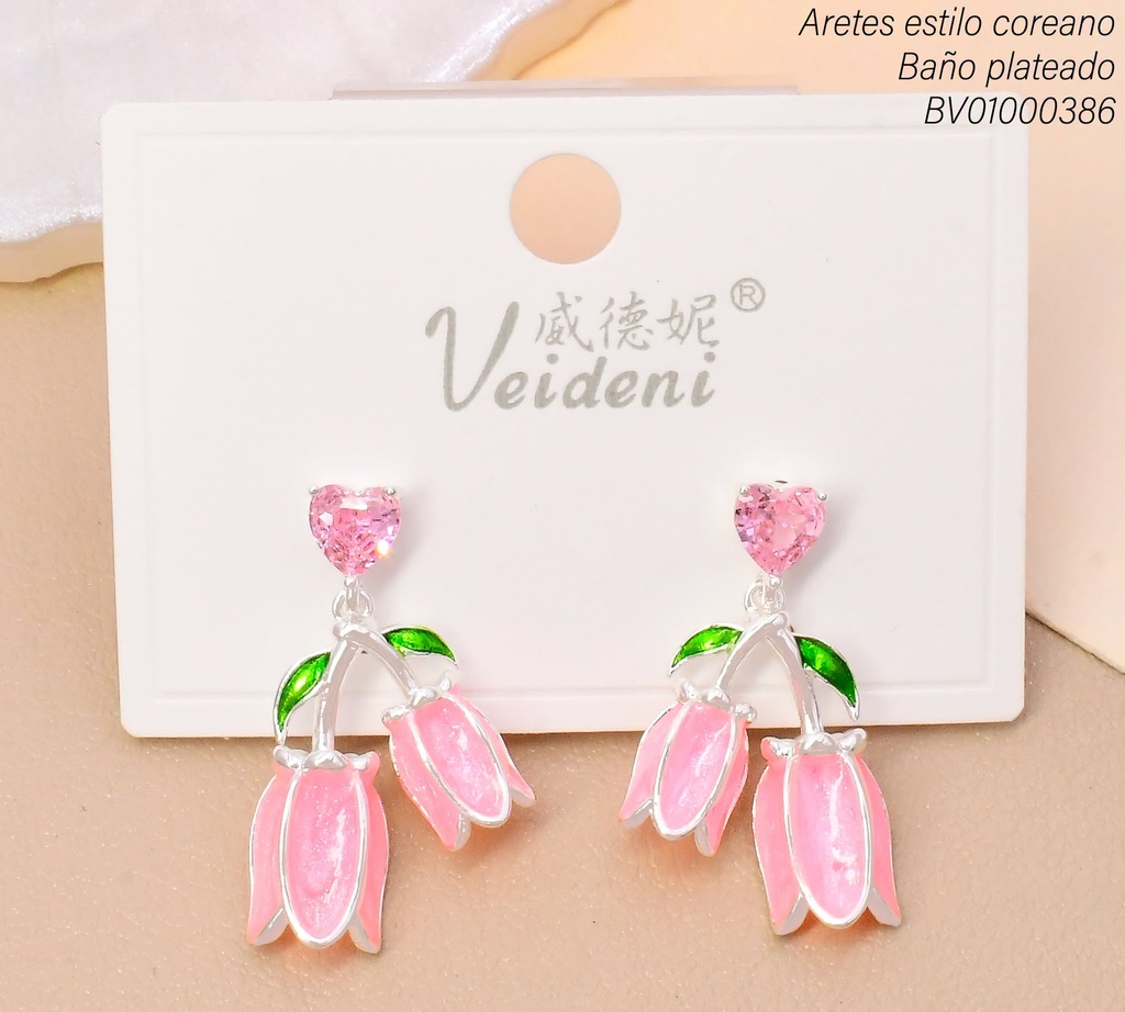 ARETES BAÑO PLATEADO 2 TULIPANES ROSADOS.C/TALLO EH-3827 (2VEI211026)