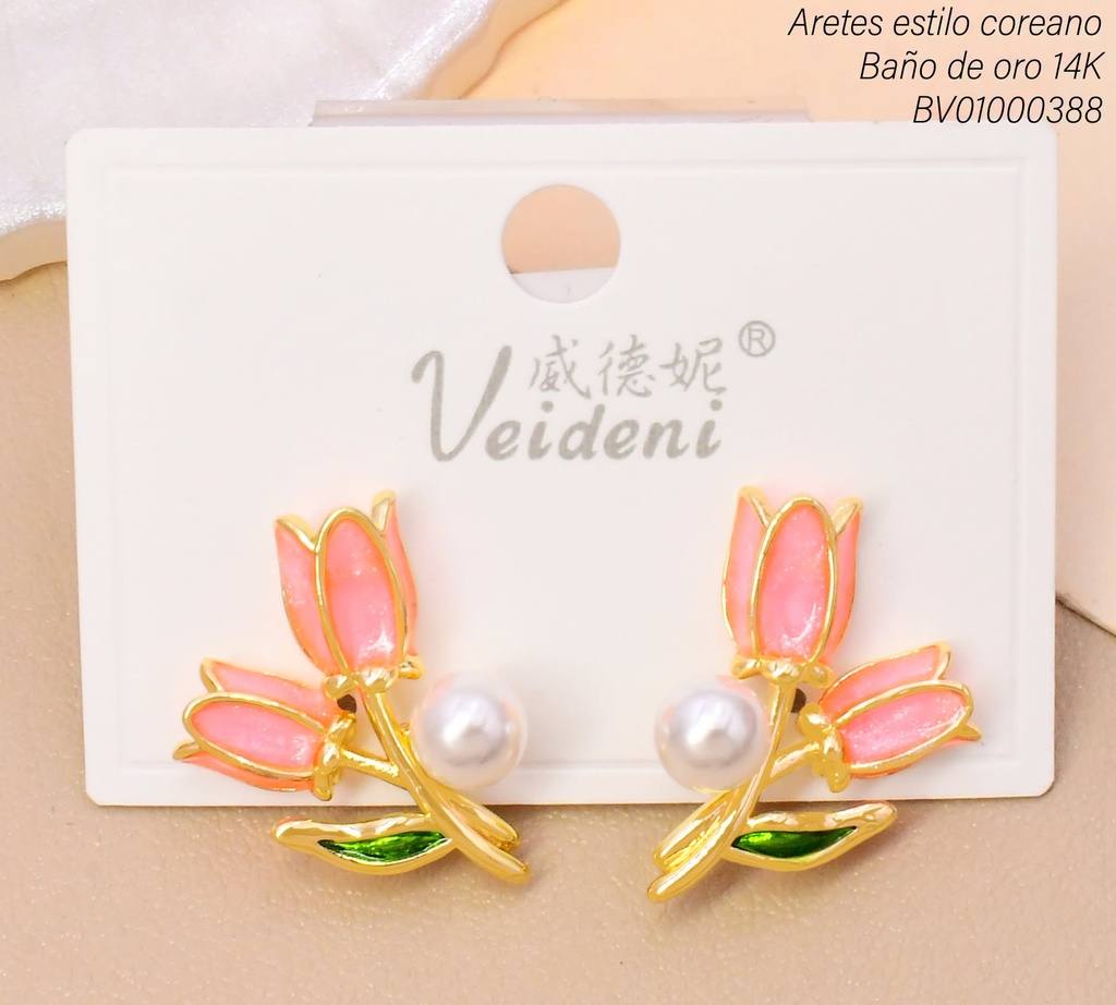 ARETES BAÑO DE ORO 14K.TULIPAN ROSADO C/PERLA EH-3830 (2VEI211026)