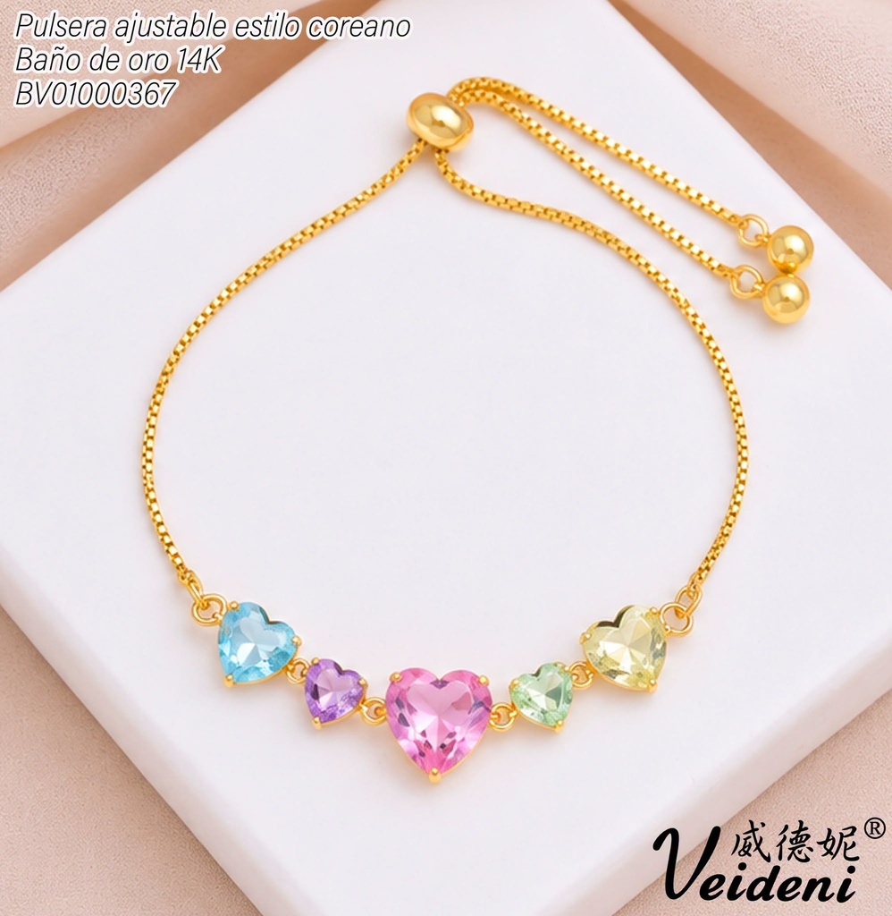 PULSERA AJUSTABLE BAÑO DE ORO 14K. 5 CORAZONES ZIRC. COL SL-0564 (VEI211026)