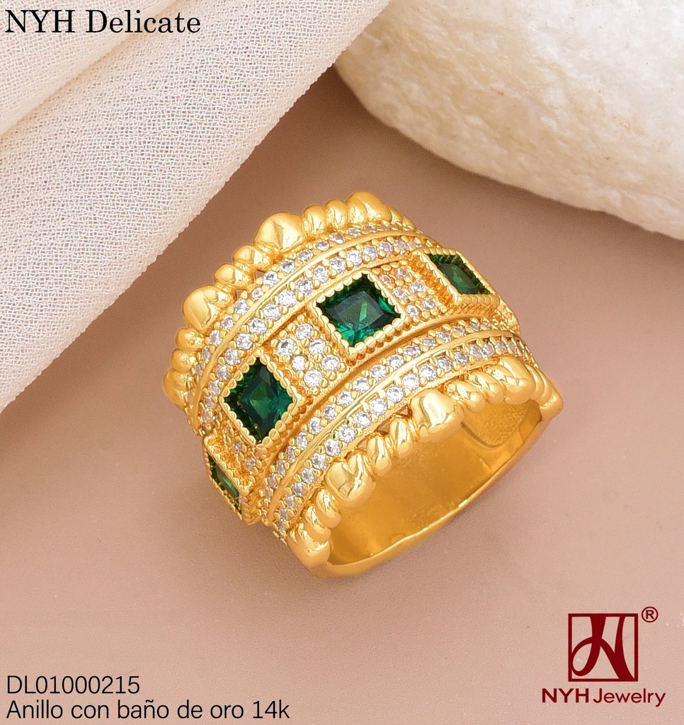 ANILLO BAÑO DE ORO 14K. ANCHO ZIRC VERDE CD YAH476B (DEL211026)