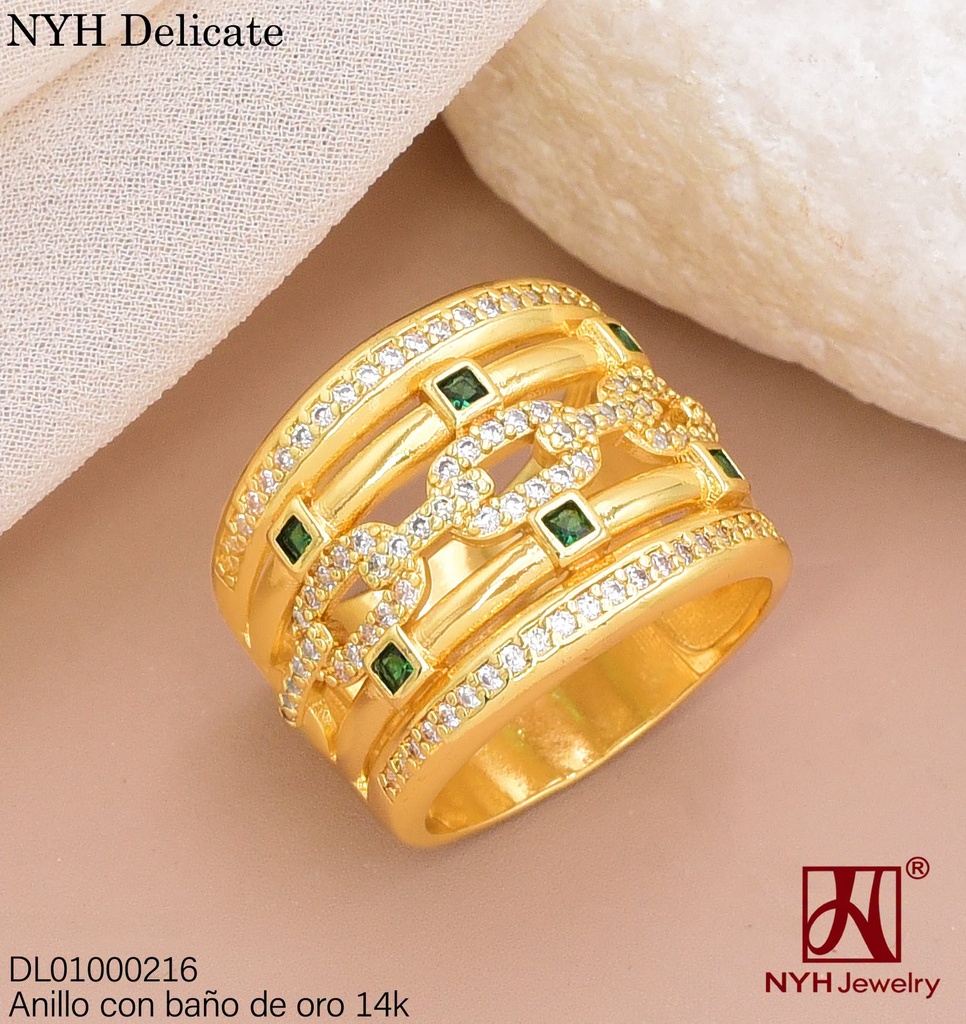 ANILLO BAÑO DE ORO 14K. ZIRC RD/ZIRC. CD VERDE/RECT. YAH478B (DEL211026)