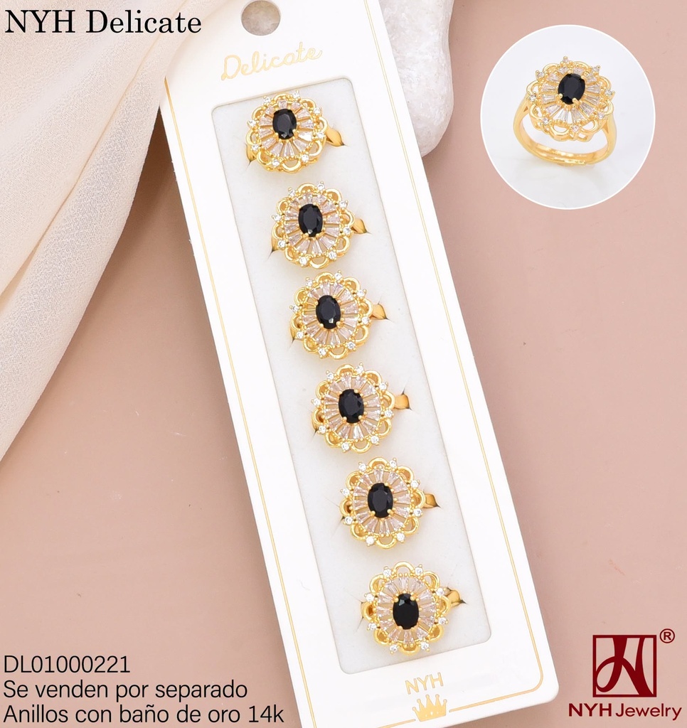 ANILLO BAÑO DE ORO 14K. FLOR ZIRC CRISTALES/ZIRC OV. NEGRA CENTRO LHH848B (DEL211026)